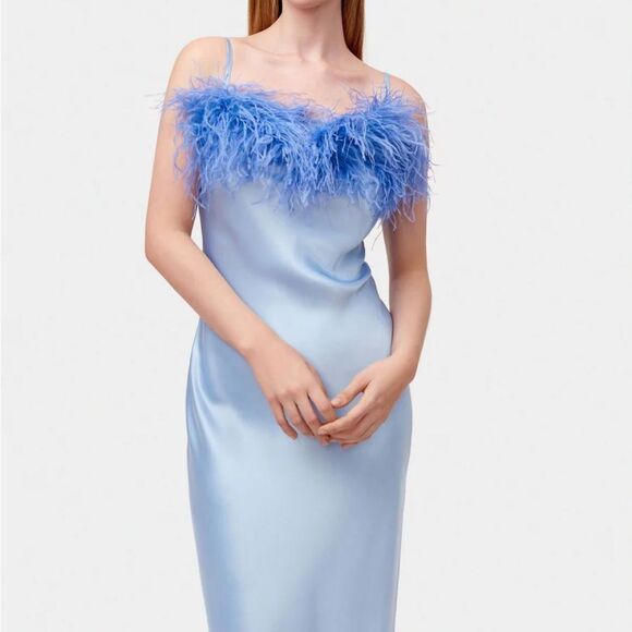 NWT SLEEPER Boheme Feather-trimmed Midi Slip Dress in Ecovero Blue M - Picture 9 of 11